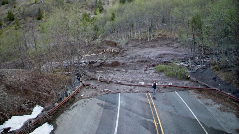 A mudslide on SR 504, the highway to and from Mount St. Helens, left 12 people and a dog stranded overnight from Sunday, May 14 to Monday, May 15, 2023. 
Tim Uhler, one of the people who was stranded, took video of the slide with his drone.