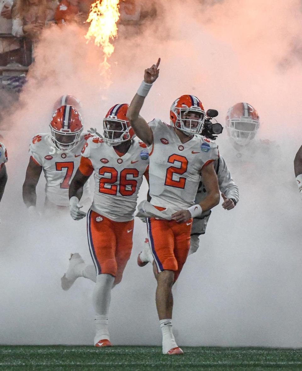 Clemson quarterback Cade Klubnik (2) enters the field with the team before the before the first quarter of the ACC Championship football game at Bank of America Stadium in Charlotte, North Carolina Saturday, Dec 3, 2022.   