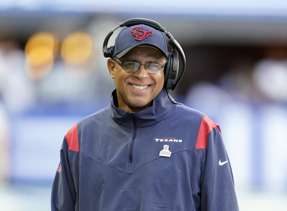 FILE - Houston Texans head coach David Culley smiles during an NFL football game against the Indianapolis Colts, Oct. 17, 2021, in Indianapolis. Culley has spent 27 years coaching in the NFL and 43 as a coach overall. At age 65, he finally reached the pinnacle as an NFL head coach. (AP Photo/Michael Conroy, File)