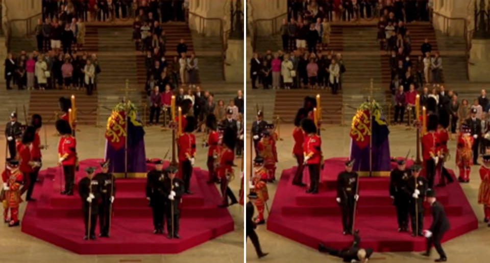 The moment the royal guard collapses next to the Queen's coffin.