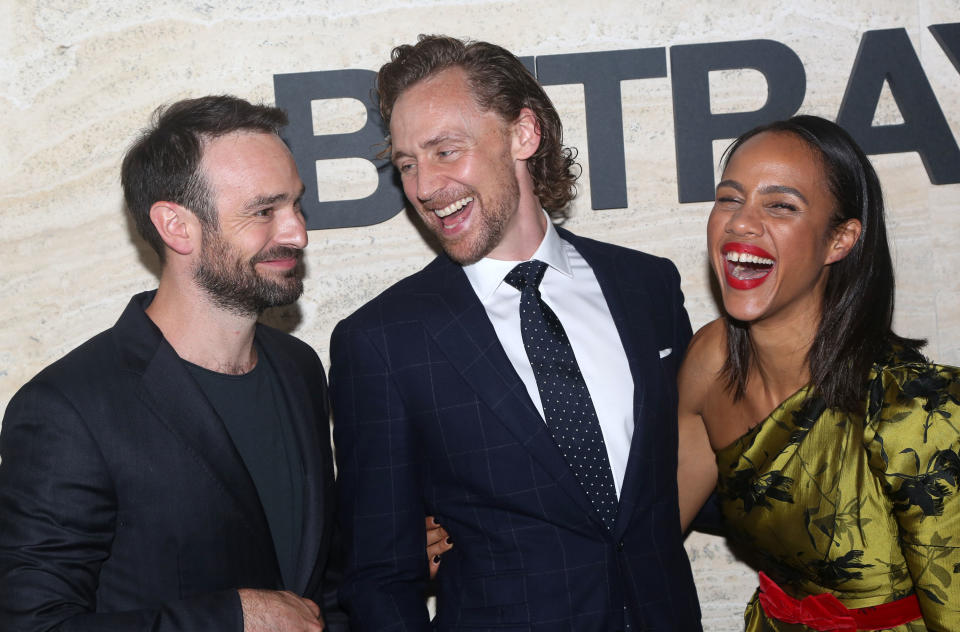 NEW YORK, NY – SEPTEMBER 5: (L-R) Charlie Cox, Tom Hiddleston, Zawe Ashton pose at The Opening Night Party for "Betrayal" on Broadway at THE POOL at the Seagram Building on September 5, 2019 in New York City. (Photo by Bruce Glikas/WireImage)