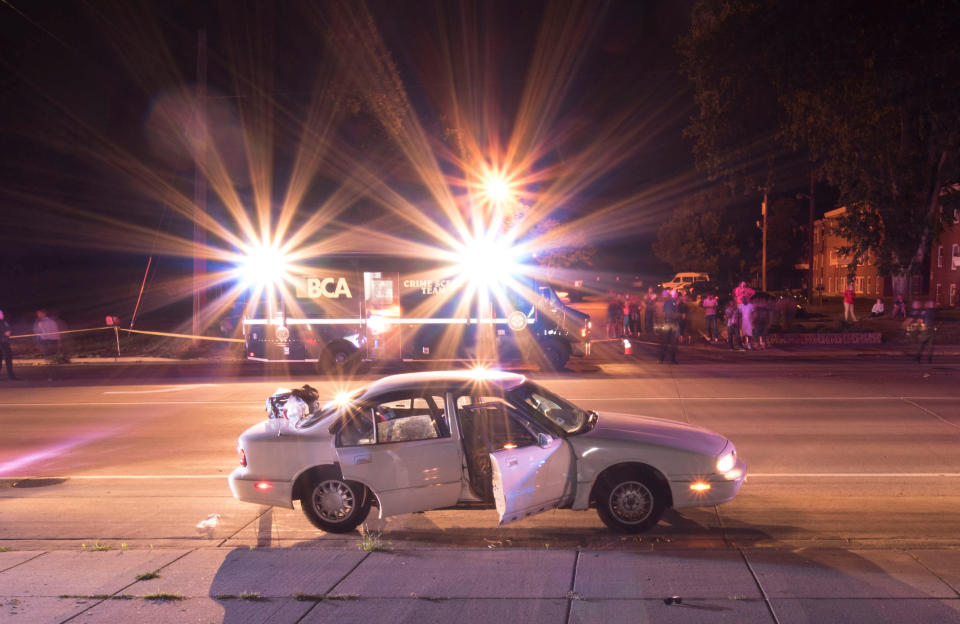 The car of Philando Castile is seen surrounded by police vehicles in an evidence photo taken after he was fatally shot by St. Anthony Police Department officer Jeronimo Yanez during a traffic stop in July 2016.&nbsp;