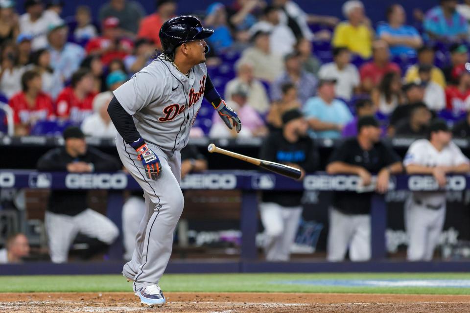 Detroit Tigers designated hitter Miguel Cabrera (24) watches after hitting a two-run double against the Miami Marlins during the third inning at loanDepot Park in Miami on Sunday, July 30, 2023.