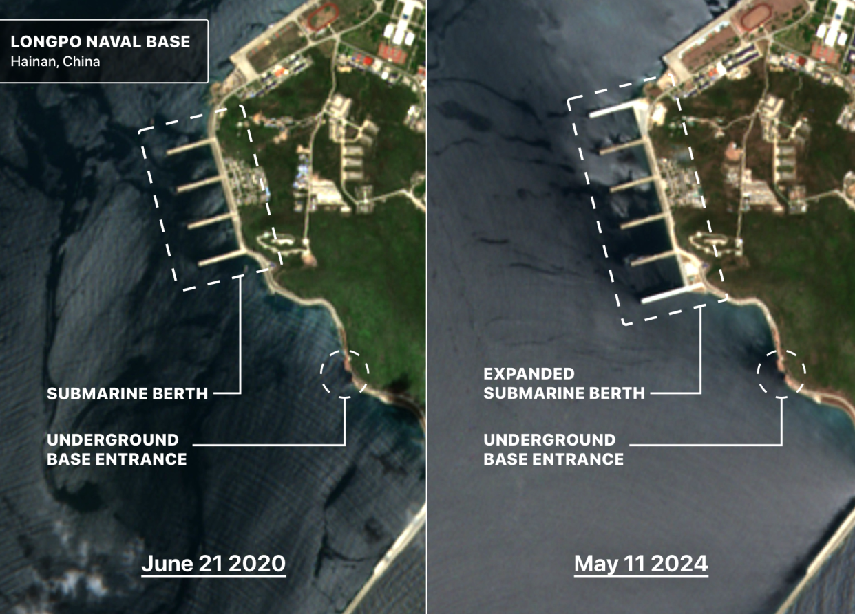 <span class="copyright">Construction at Longpo Naval Base in China. Source: Mike Yeo, Defense News (site identification - defensenews.com/naval/2022/09/21/satellite-images-reveal-chinese-expansion-of-submarine-base) and the European Union (Copernicus Sentinel data 2020 and 2024, processed with EO Browser). Coordinates: 18.21074261, 109.6876453.</span>