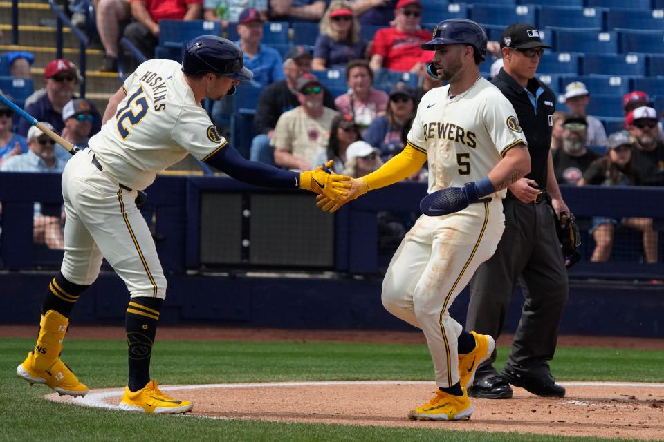 Brewers centerfielder Garrett Mitchell, shown in a game March 18, was back in the leadoff spot Friday and hit a grand slam against the Royals.