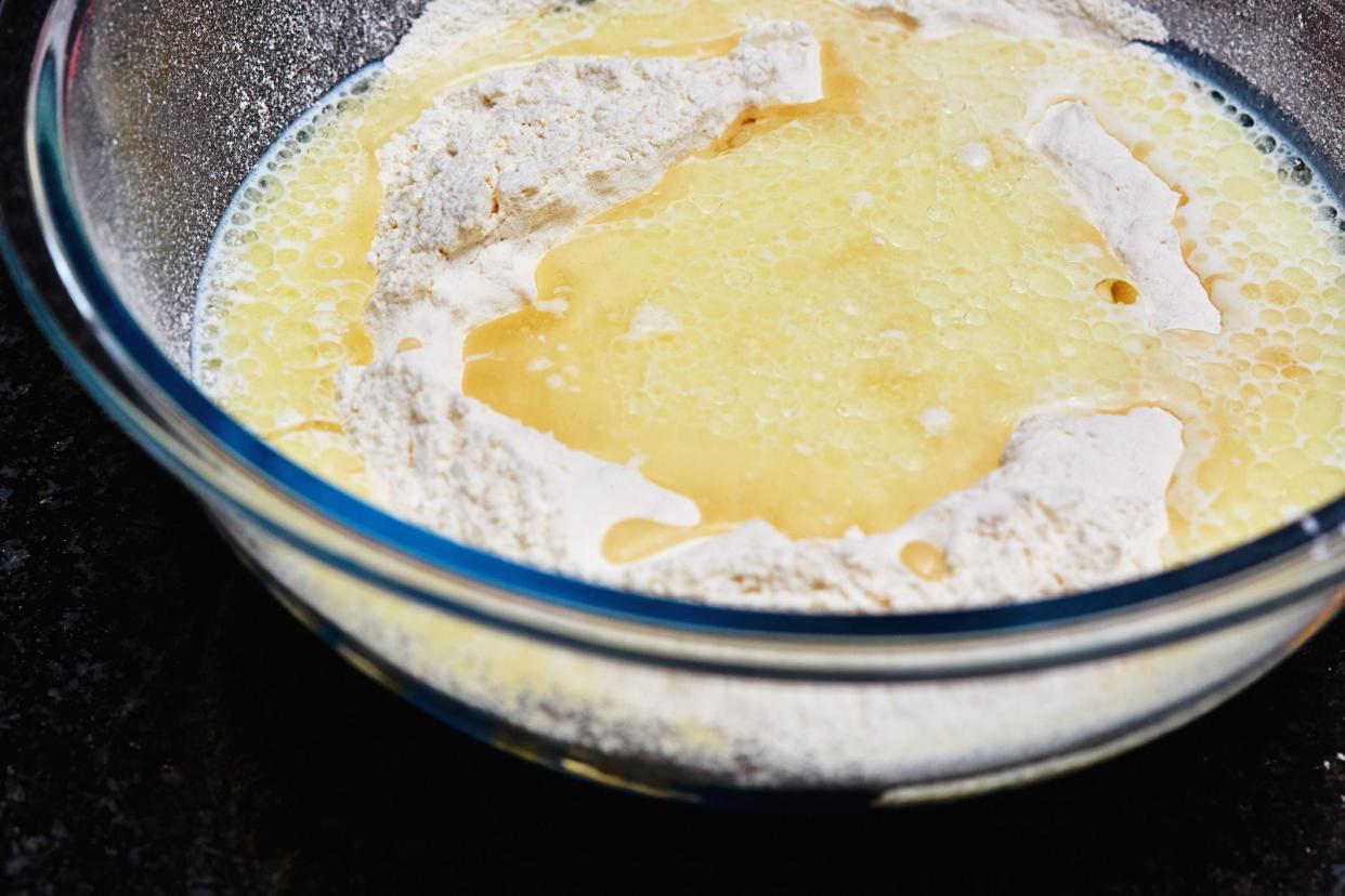 Baking ingredients in a glass bowl just before mixing.