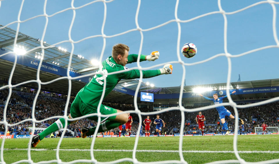 Simon Mignolet showed why he is a penalty specialist by saving Jamie Vardy’s spot kick.