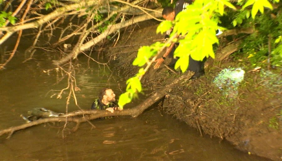 A man suspected of stealing a Jeep Compass is pulled out of Big Walnut Creek after he allegedly jumped off a bridge on South Hamilton Road, May 7, 2024 (NBC4/Ronald Clark)