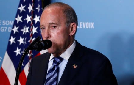 FILE PHOTO: Larry Kudlow gives remarks during a a press briefing with U.S. President Donald Trump at the G-7 summit in the Charlevoix city of La Malbaie, Quebec, Canada, June 9, 2018. REUTERS/Leah Millis