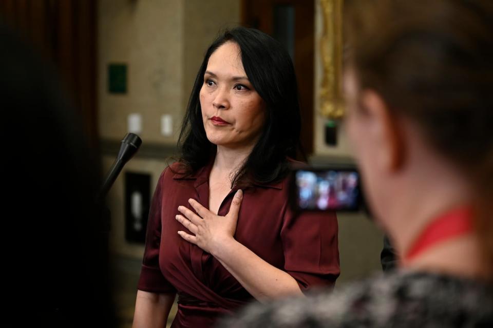 NDP MP Jenny Kwan speaks to reporters in the Foyer of the House of Commons on Parliament Hill in Ottawa, on Monday, May 29, 2023. 