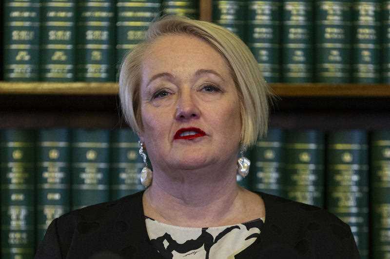 Liberal MP Louise Staley speaks to media in response to the Victorian budget hand down from Treasurer Tim pallas, at Parliament House in Melbourne.