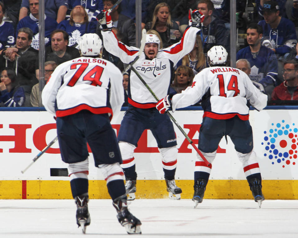 TORONTO,ON – APRIL 23: Marcus Johansson #90 of the Washington Capitals scores the overtime and series-winning goal against the Toronto Maple Leafs in Game Six of the Eastern Conference Quarterfinals during the 2017 NHL Stanley Cup Playoffs at the Air Canada Centre on April 23, 2017 in Toronto, Ontario, Canada. The Capitals defeated the Maple Leafs 2-1 in overtime to win series 4-2. (Photo by Claus Andersen/Getty Images)