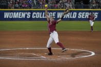 Alabama's Montana Fouts pitches against UCLA in the first inning of an NCAA Women's College World Series softball game Friday, June 4, 2021, in Oklahoma City. (AP Photo/Sue Ogrocki)