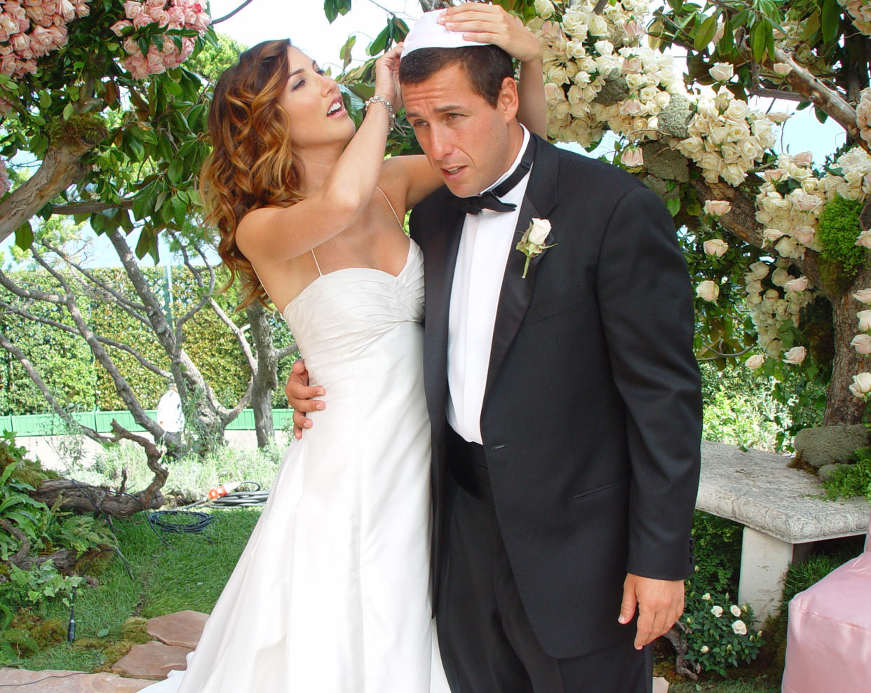 MALIBU, CA - JUNE 22:  In this handout photo, Adam Sandler poses with his bride model-actress Jackie Titone at their wedding June 22, 2003 in Malibu, California. (Photo by Nick Gossen Courtesy of AdamSandler.com/Getty Images) 