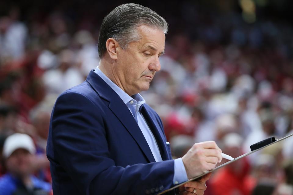 Feb 26, 2022; Fayetteville, Arkansas, USA; Kentucky Wildcats head coach John Calipari prior to the game against the Arkansas Razorbacks at Bud Walton Arena. Mandatory Credit: Nelson Chenault-USA TODAY Sports