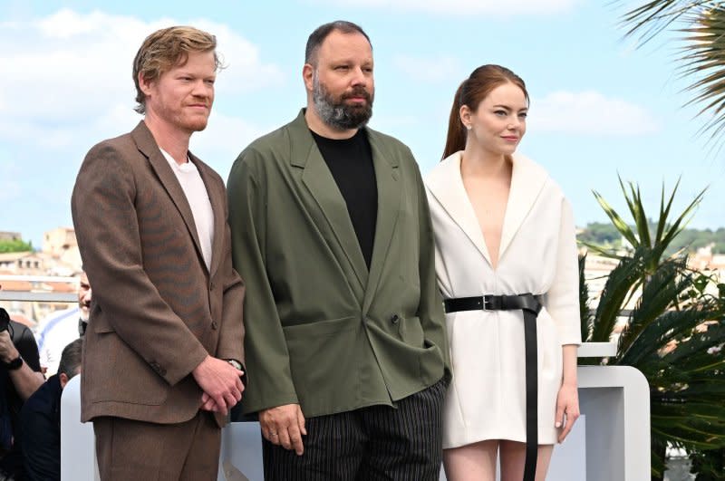 Greek director Yorgos Lanthimos, American actress Emma Stone and actor Jesse Plemons attend the photo call for "Kinds of Kindness" at the Cannes Film Festival in France on Saturday. Photo by Rune Hellestad/UPI