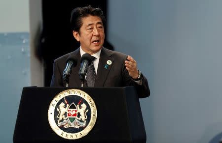 Japan's Prime Minister Shinzo Abe addresses the Sixth Tokyo International Conference on African Development (TICAD VI) in Kenya's capital Nairobi, August 27, 2016. REUTERS/Thomas Mukoya