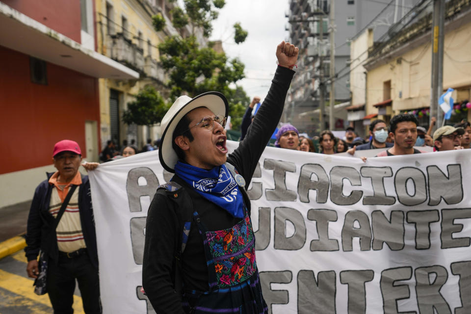 Demonstrators march to support the electoral process in Guatemala City, Saturday, July 8, 2023. Chief Justice Silvia Valdes Quezada issued an order blocking the certification of the results for the first-round presidential June 25th election, late Friday. (AP Photo/Moises Castillo)