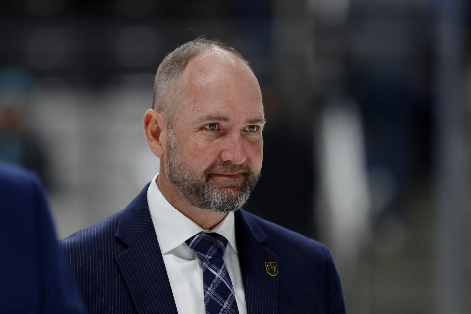 FILE - Vegas Golden Knights coach Peter DeBoer leaves the ice after the first period of a preseason NHL hockey game against San Jose Sharks in San Jose, Calif., Saturday, Oct. 9, 2021. The Vegas Golden Knights have fired coach Peter DeBoer after they missed the playoffs for the first time in franchise history. General manager Kelly McCrimmon says the front office believes a new coach would put the team in the best position to succeed next season. (AP Photo/Josie Lepe, File)