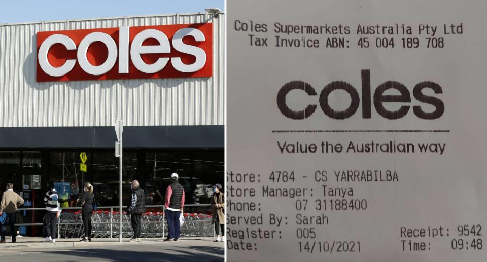 Coles store front (left), Coles receipt (right). Source: Getty Images (left), Facebook (right)