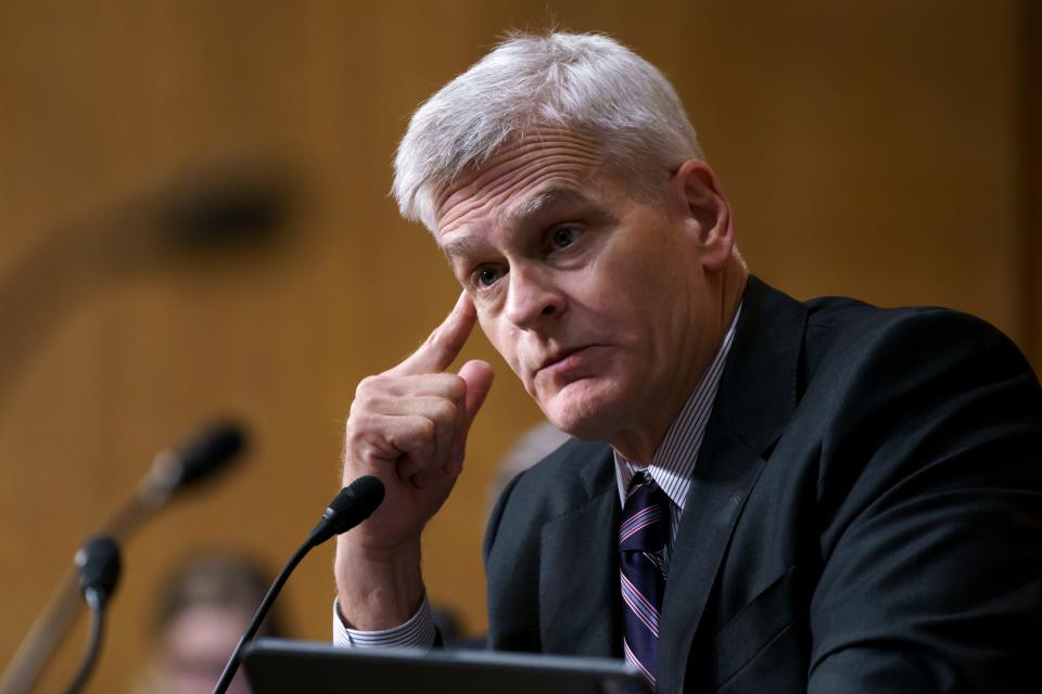 Sen. Bill Cassidy, R-La., questions Secretary of Health and Human Services Xavier Becerra on President Joe Biden's budget requests, at the Capitol in Washington, Thursday, June 10, 2021. Cassidy is working with a bipartisan group of 10 senators negotiating an infrastructure deal with President Joe Biden. (AP Photo/J. Scott Applewhite) ORG XMIT: DCSA135