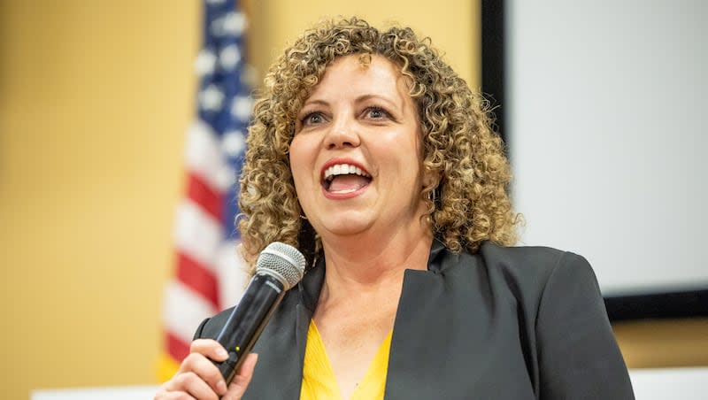 Celeste Maloy talks to supporters after the election was called in her favor at the Utah Trucking Association in West Valley City on Tuesday, Nov. 21, 2023. Maloy is the keynote speaker at Utah Women Run’s annual training.