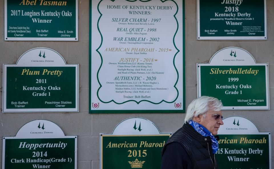 Trainer Bob Baffert talks with the media outside his stable at Churchill Downs last month.