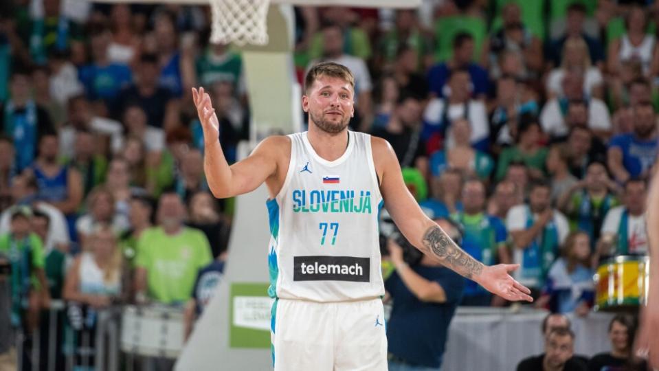Luka Doncic of Slovenia reacts during the International...