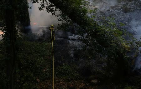 Firefighters battle a wildfire near Santa Rosa, California, U.S., October 14, 2017. REUTERS/Jim Urquhart