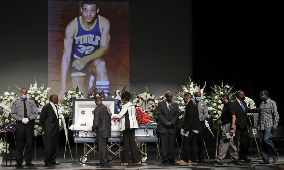 Mourners view the body of Dave Patrick Underwood after a memorial service on 19 June 2020, in Pinole, California.