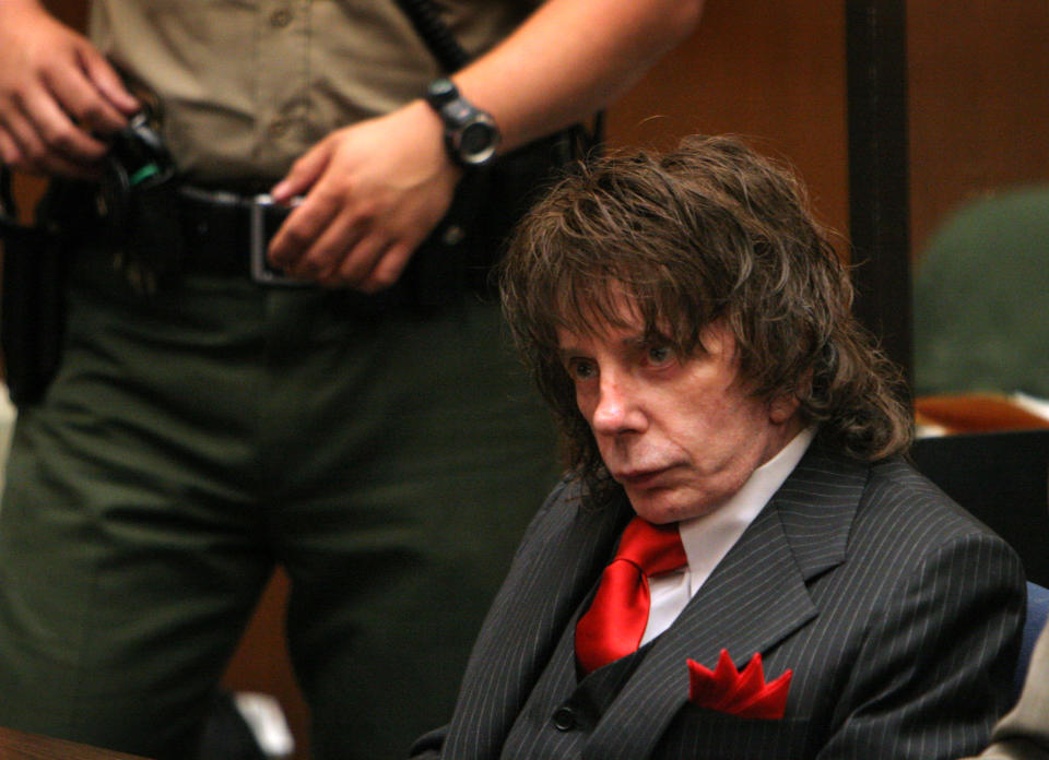 Phil Spector was sentenced Friday to 19 years to life in prison for the murder of actress Lana Clarkson, during proceedings at the Clara Shortridge Foltz Criminal Justice Center in downtown Los Angeles with Superior Court Judge Larry P. Fidler presiding. Clarkson was shot through the mouth in the music producer's home six years ago. Spector, 69, showed no emotion as Judge Fidler ordered a term of 15 years to life for second–degree murder plus four years for personal use of a gun.  (Photo by Al Seib/Los Angeles Times via Getty Images)