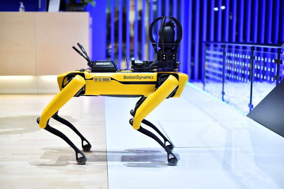 This photograph shows Boston Dynamics' SPOT robot dog on the opening day of the MWC (Mobile World Congress) in Barcelona on February 28, 2022. - The world's biggest mobile fair is held from February 28 to March 3, 2022.