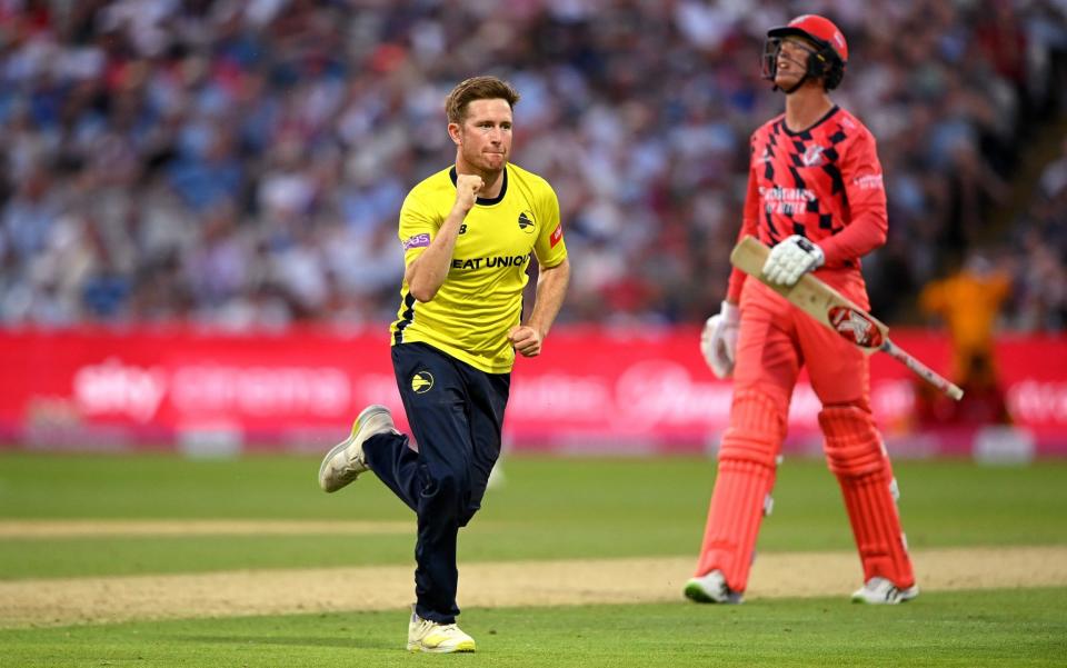 Liam Dawson of Hampshire celebrates taking the wicket of Keaton Jennings of Lancashire during the Vitality Blast Final match - Alex Davidson/Getty Images