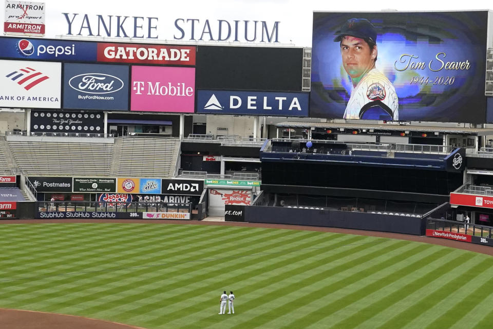 The Yankees honor New York Mets Hall of Fame pitcher Tom Seaver with a video tribute on the scoreboard before the start of a baseball game against the Baltimore Orioles, Sunday, Sept. 13, 2020, at Yankee Stadium in New York. Seaver died Aug. 31. (AP Photo/Kathy Willens)