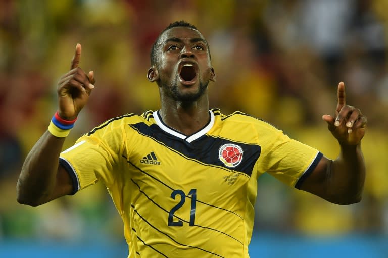 Colombia forward Jackson Martinez celebrates after scoring against Japan in Cuiaba, Brazil, at the 2014 World Cup