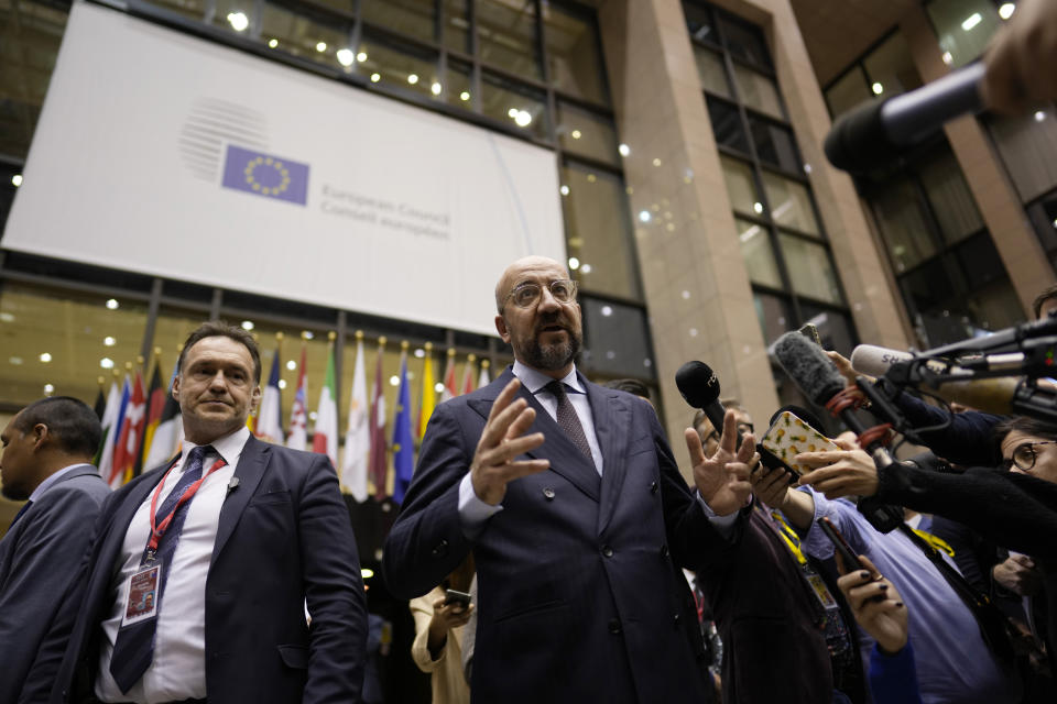 European Council President Charles Michel addresses the media during EU summit in Brussels, Friday, Dec. 15, 2023. The European Union decided Thursday to open accession negotiations with Ukraine, a momentous moment and stunning reversal for a country at war that had struggled to find the backing for its membership aspirations and long faced obstinate opposition from Hungarian Prime Minister Viktor Orban. (AP Photo/Virginia Mayo)