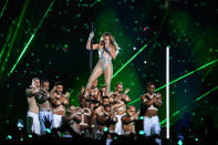 Jennifer Lopez performs during the Pepsi Halftime Show during Super Bowl LIV between the San Francisco 49ers and the Kansas City Chiefs held at Hard Rock Stadium in Miami Gardens, Florida on Feb. 2, 2020. (Photo by Anthony Behar/Sipa USA)