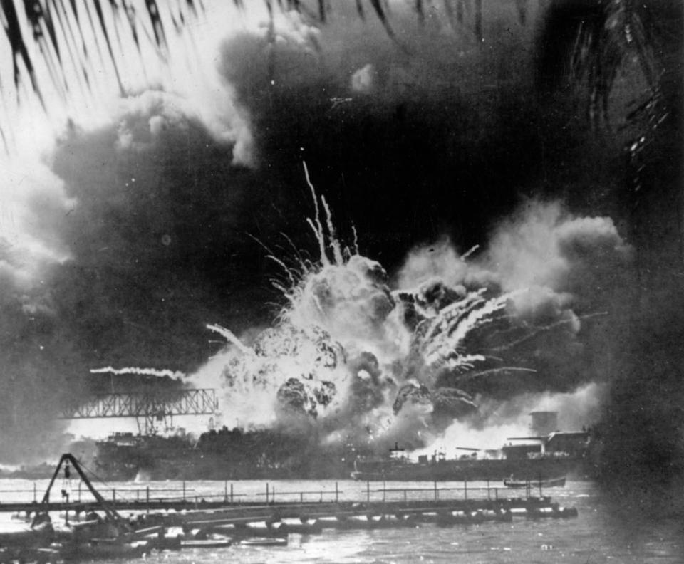 The USS Shaw exploding during the Japanese attack on the U.S. Pacific fleet at their base in Pearl Harbor on Dec. 7, 1941, on the island of Oahu, Hawaii.<span class="copyright">Keystone—Getty Images</span>