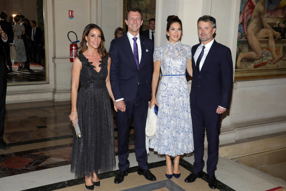 Princess Marie of Denmark, Prince Joachim of Denmark, Crown Princess Mary of Denmark and Crown Prince Frederik of Denmark attend a Grand dinner at the Town Hall on October 08, 2019 in Paris, France. (Photo by Pierre Suu/Getty Images)