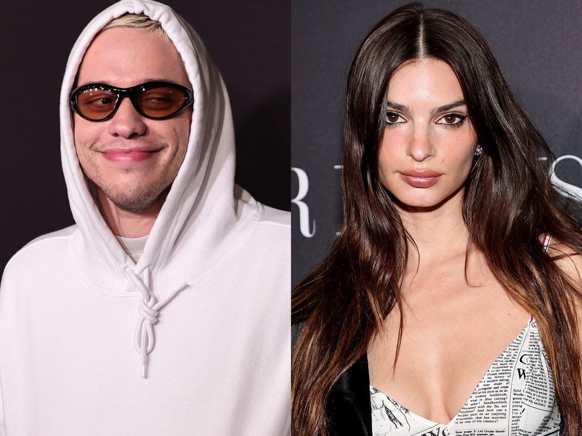 A side-by-side image of Pete Davidson smiling in a white hoodie and sunglasses, and Emily Ratajkowski posing in a newspaper-print dress.