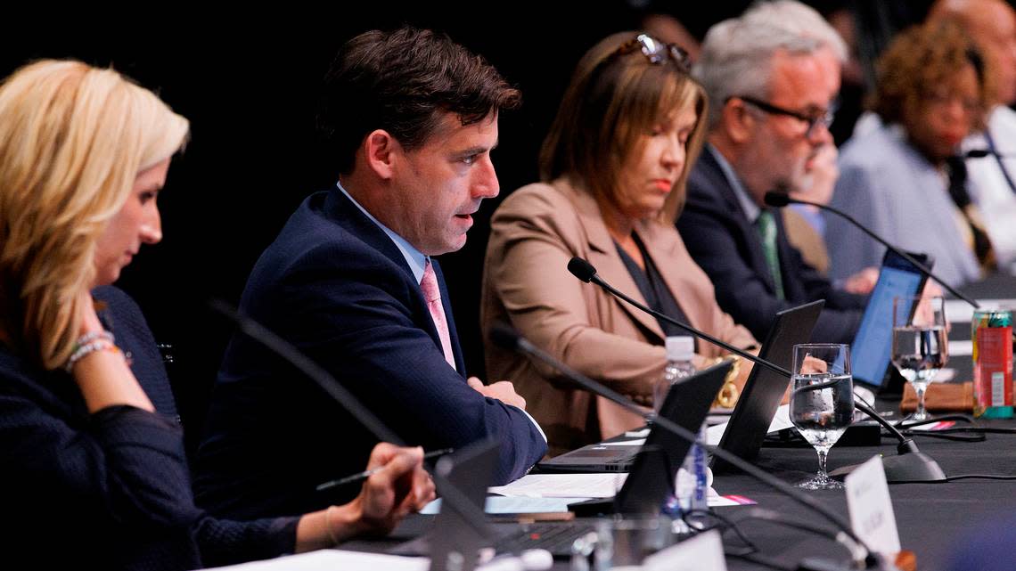 Andrew Tripp, General Counsel for the UNC System, speaks during a meeting of the UNC System Board of Governors’ University Governance committee on Wednesday, April 17, 2024, in Winston-Salem, N.C.