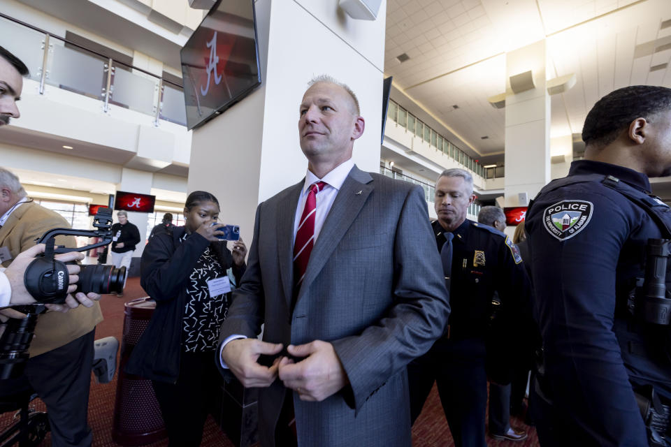 New Alabama football head coach Kalen DeBoer departs after his introductory speech at Bryant-Denny Stadium, Saturday, Jan. 13, 2024, in Tuscaloosa, Ala. DeBoer is replacing the recently retired Nick Saban. (AP Photo/Vasha Hunt)