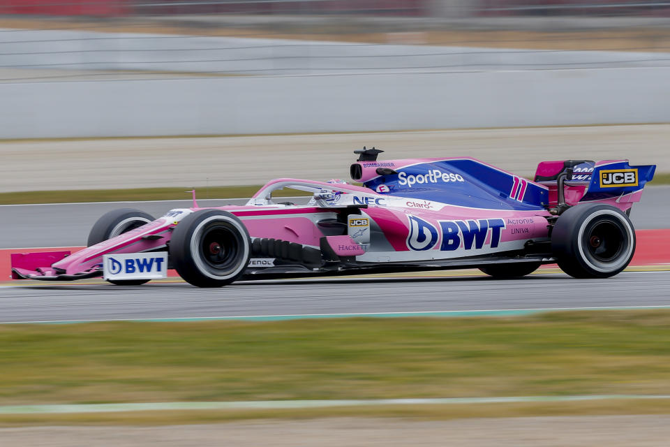 Racing Point driver Sergio Perez of Mexico steers his car, during a Formula One pre-season testing session at the Barcelona Catalunya racetrack in Montmelo, outside Barcelona, Spain, Wednesday, Feb.20, 2019. (AP Photo/Joan Monfort)