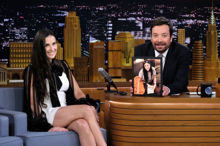 Demi Moore is interviewed by Jimmy Fallon during her visit to the “The Tonight Show Starring Jimmy Fallon” on June 12. <em>(Photo: Mike Coppola/Getty Images for NBC)</em>