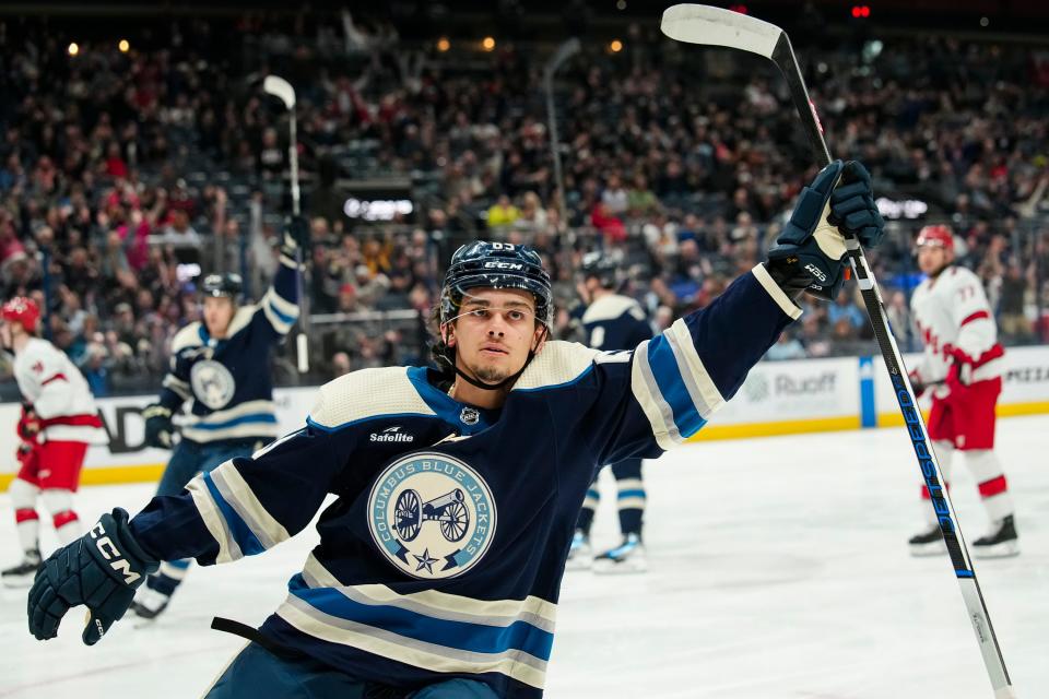 Apr 16, 2024; Columbus, Ohio, USA; Columbus Blue Jackets center Luca Del Bel Belluz (65) celebrates his first career goal on his first ever shift during the first period of the NHL hockey game against the Carolina Hurricanes at Nationwide Arena.