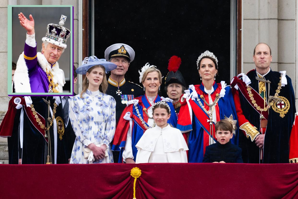  Prince Edward, Duke of Edinburgh, Lady Louise Windsor, Vice Admiral Sir Timothy Laurence, Sophie, Duchess of Edinburgh, Princess Charlotte of Wales, Anne, Princess Royal, Catherine, Princess of Wales, Prince Louis of Wales, Prince William, Prince of Wales on the Buckingham Palace balcony during the Coronation of King Charles III and Queen Camilla. 