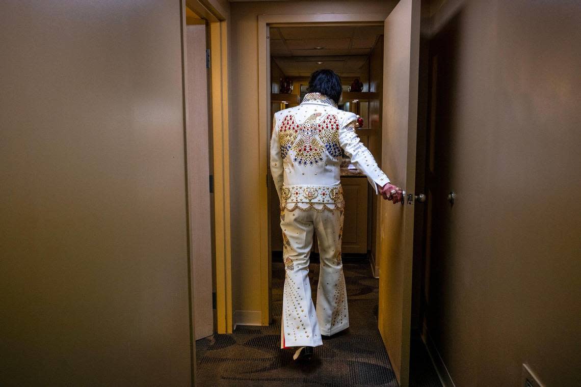 The real Elvis may have had dramatic entrances and exits from his concert venues that were announced over the public address systems, but when the show is done for Trevino he heads to his dressing room and shuts the door only to leave the theater with his real persona.