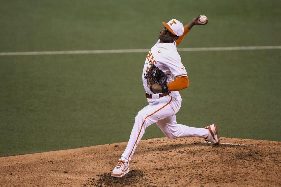 Texas pitcher Lebarron Johnson Jr., seen in the Longhorns' victory over San Diego on Feb. 16, earned his first win of the season Friday night against Cal Poly.