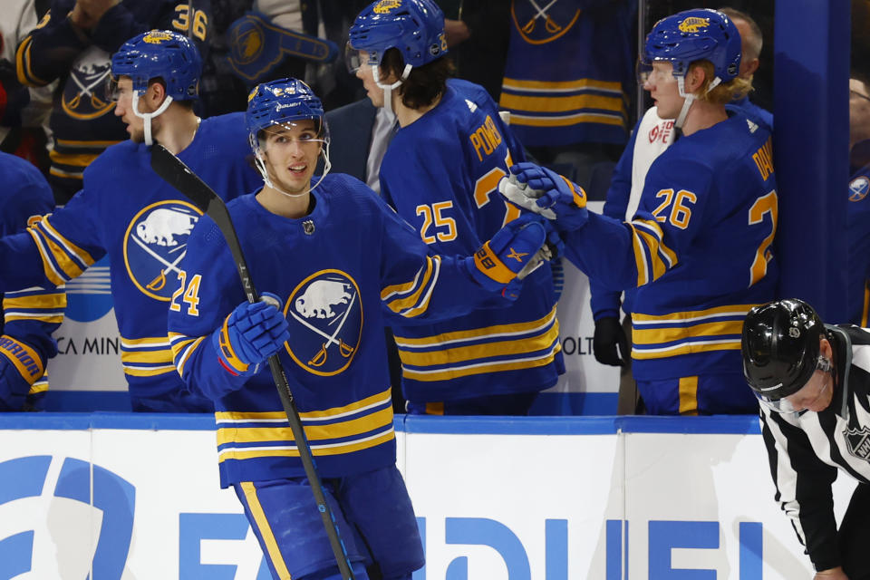 Buffalo Sabres center Dylan Cozens (24) celebrates his goal during the second period of an NHL hockey game against the Nashville Predators, Tuesday, March 21, 2023, in Buffalo, N.Y. (AP Photo/Jeffrey T. Barnes)