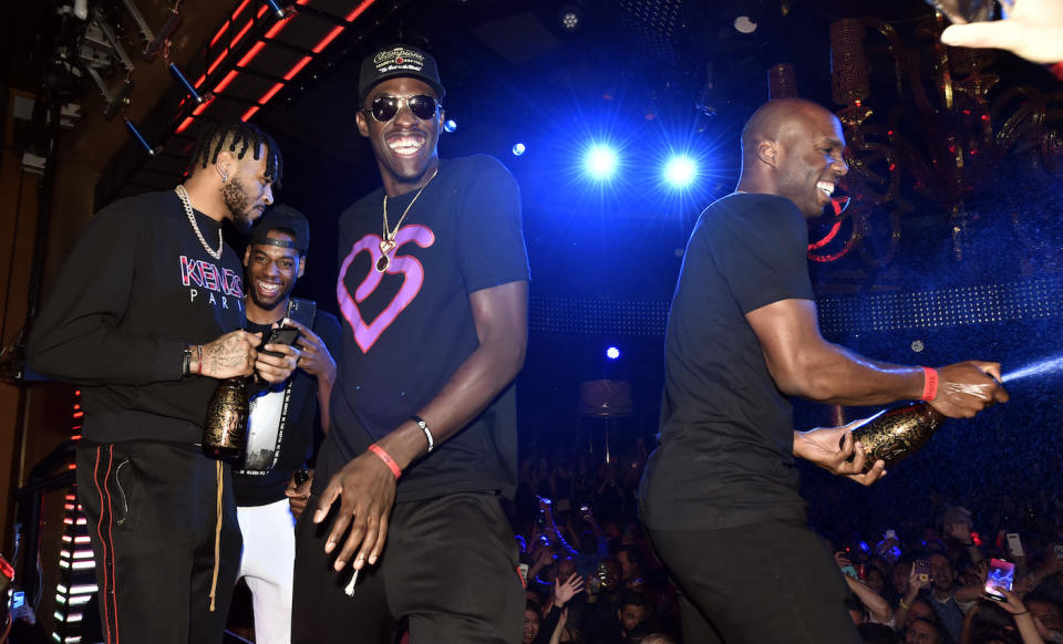 Eric Moreland, Jordan Loyd, Pascal Siakam and Jodie Meeks were definitely having a ball at XS Nightclub. (Photo by David Becker/Getty Images for Wynn Las Vegas)